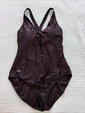 Speedo Black Racerback Crossover Front One Piece Swimsuit 14